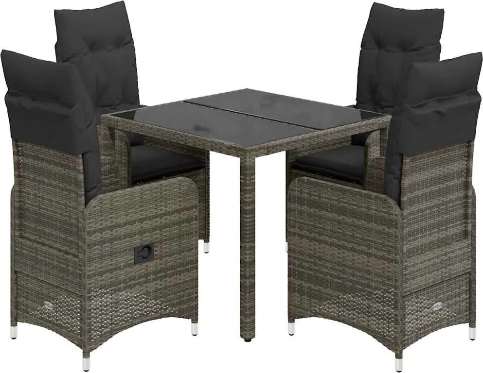 vidaXL Set bistro de grădină cu perne, 5 piese, gri, poliratan