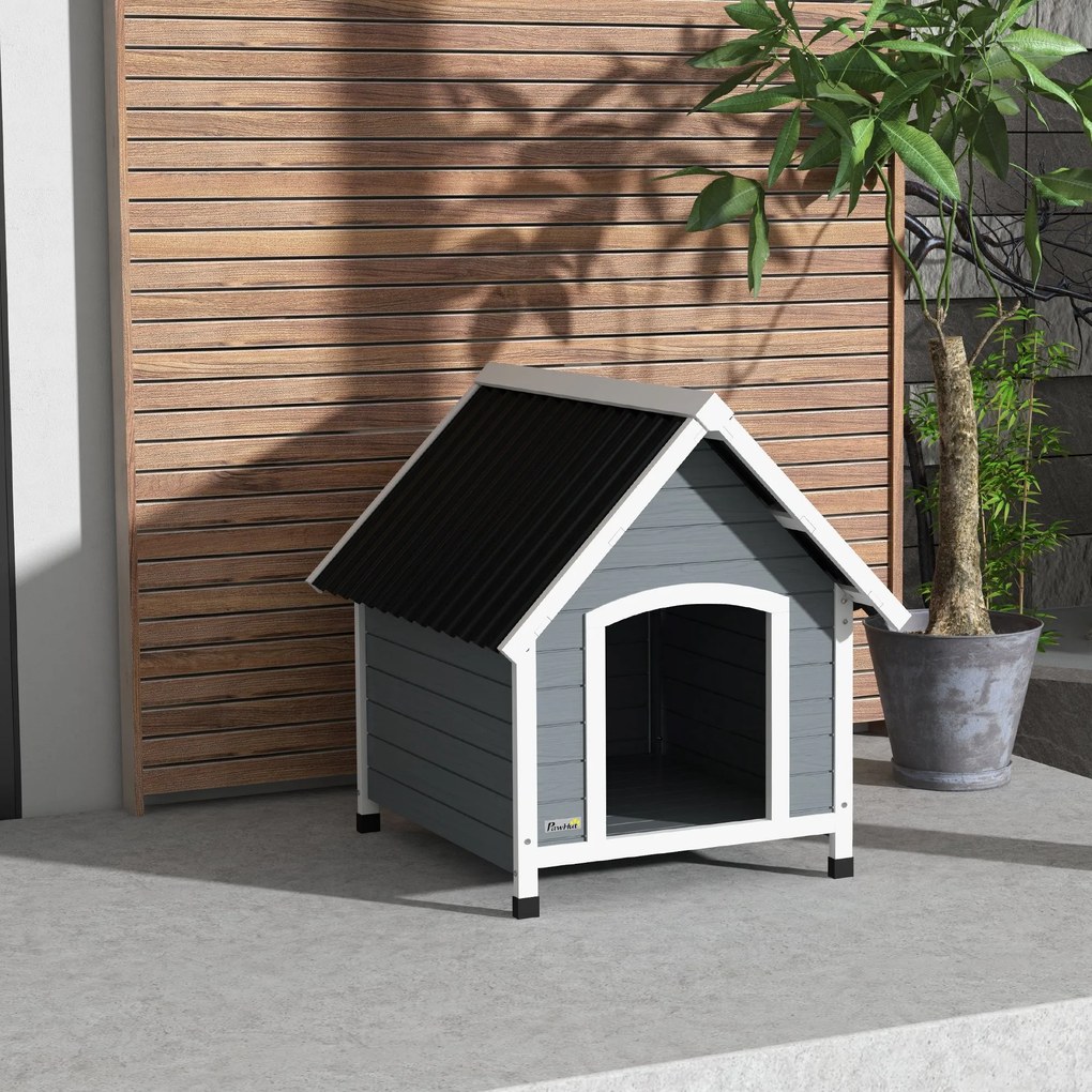 PawHut Căsuță pentru câine de exterior din lemn cu podea detașabilă, adăpost înalt din lemn pentru câini, 75 x 88 x 82 cm, gri | Aosom Romania