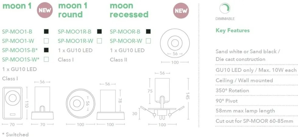 Spot incastrabil directionabil Moon negru