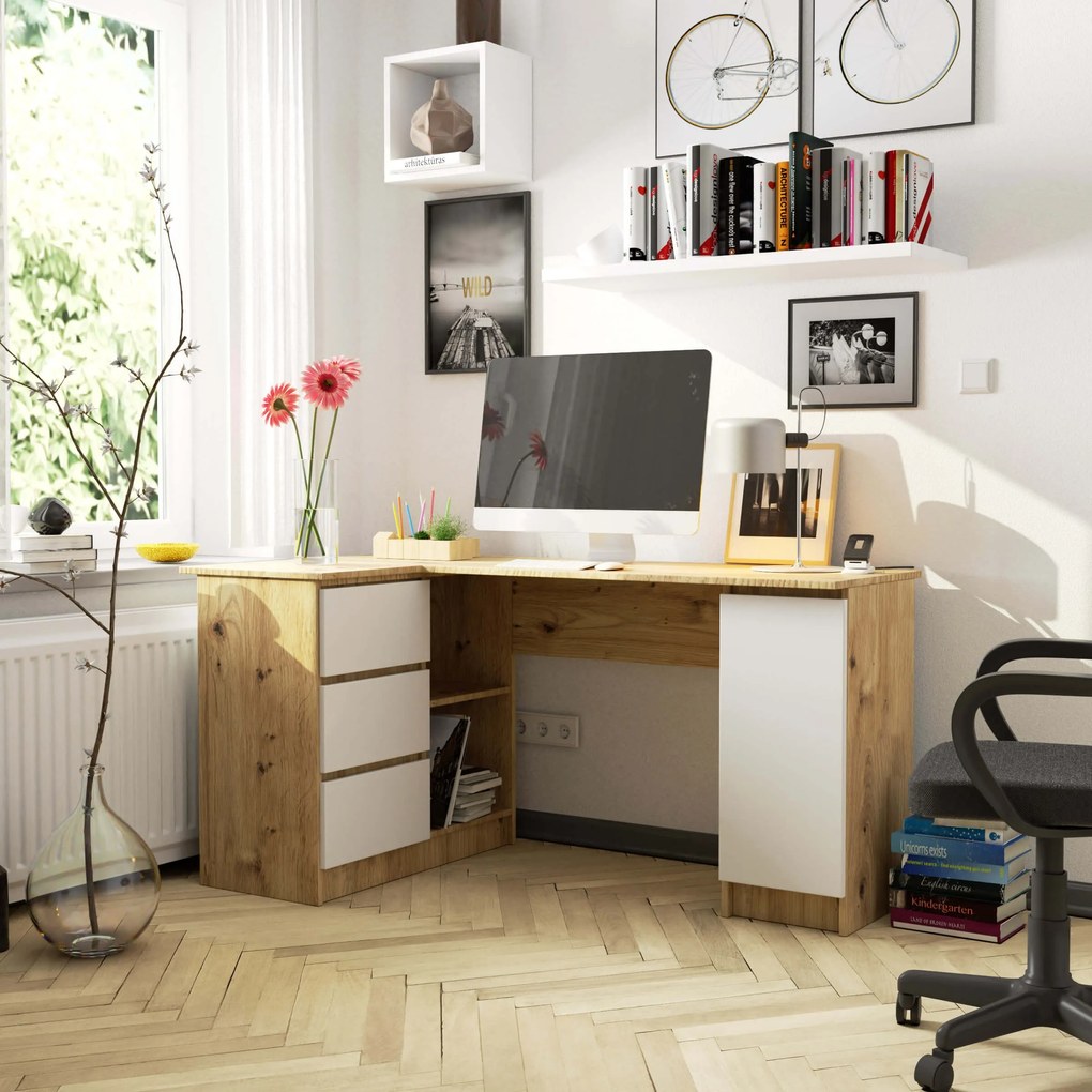 Masă PC de colț Bevin (Stejar artisan + Alb) (S). 1070969