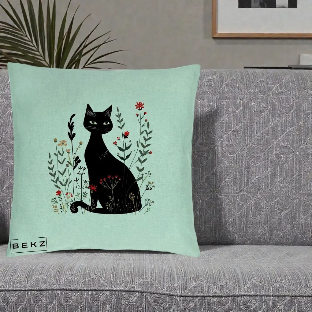 Perna Decorativa Pisica Neagra Botanica Rosu-Gri, 40x40 cm, Verde Menta, Husa Detasabila, Perna Inclusa, BEKZ®