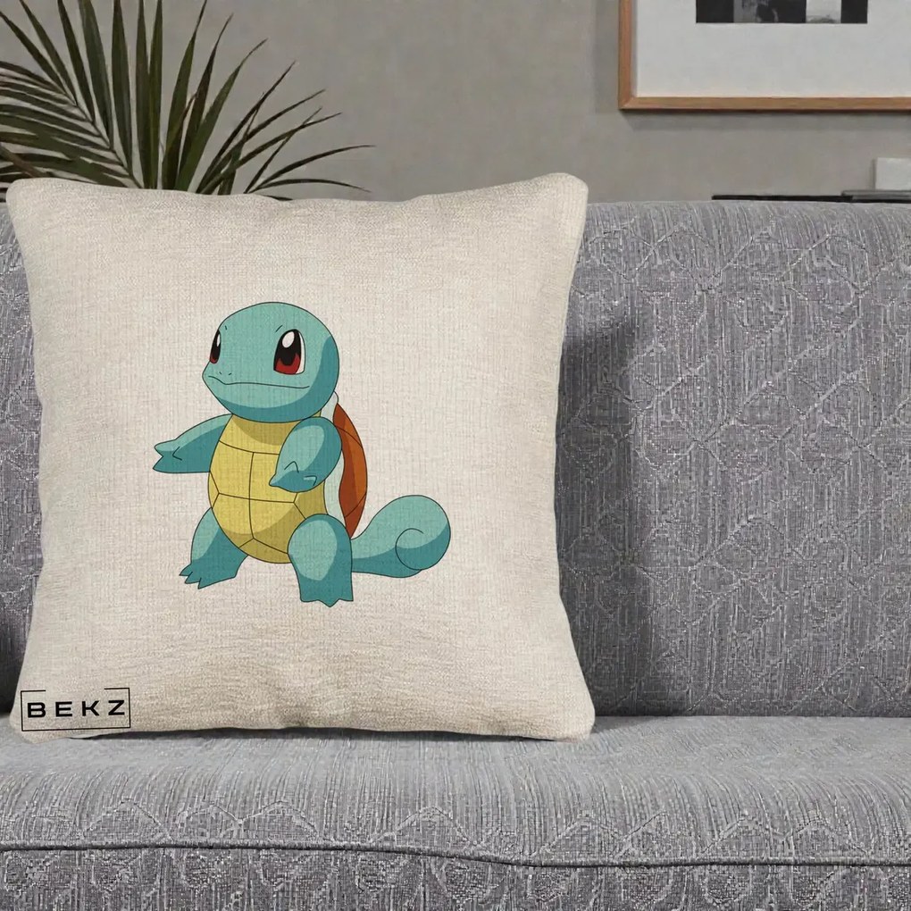 Perna Personalizata Squirtle Pokemon, 40x40 cm, Bej Canapea, Husa Detasabila, Perna Inclusa, BEKZ®