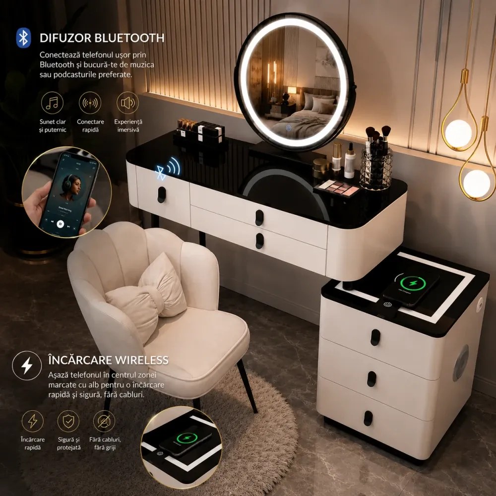 Set MARGOT LONG – Masă de Toaletă pentru Machiaj, Oglindă iluminată LED, Control Touch, 6 sertare, Comoda, Scaun, Difuzor Bluetooth, Zona încărcare fără fir, Alb, 100x40x75 cm