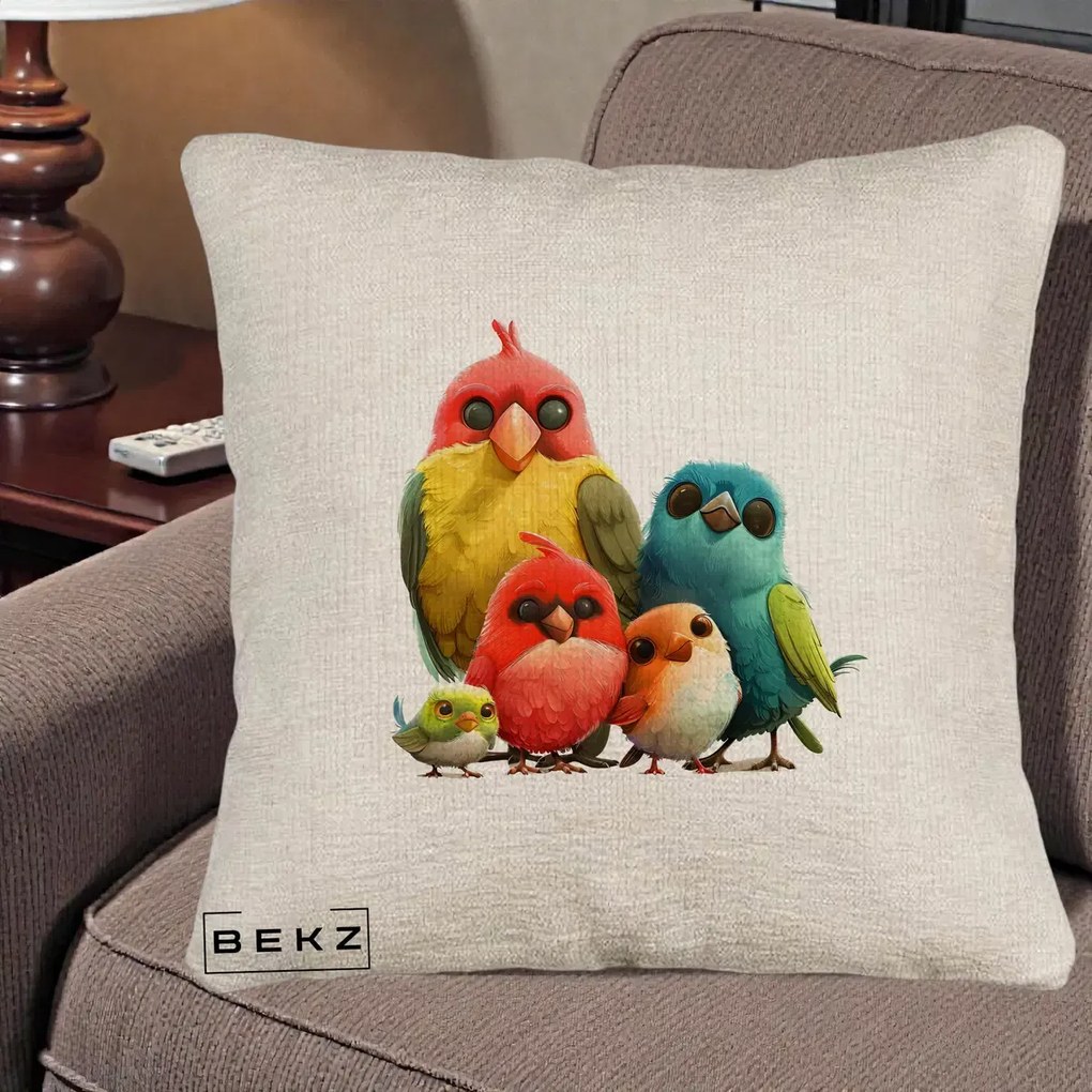 Perna Decorativa Familie de Pasarele Colorate, 40x40 cm, Bej Canapea, Husa Detasabila, Perna Inclusa, BEKZ®