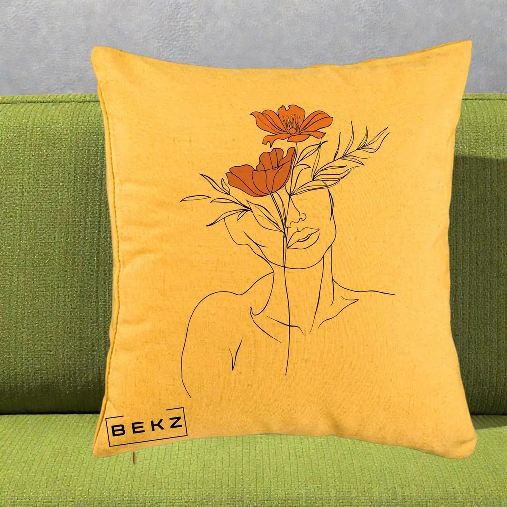 Perna Decorativa Portret Feminin Doua Flori, 40x40 cm, Galben, Husa Detasabila, Perna Inclusa, BEKZ®