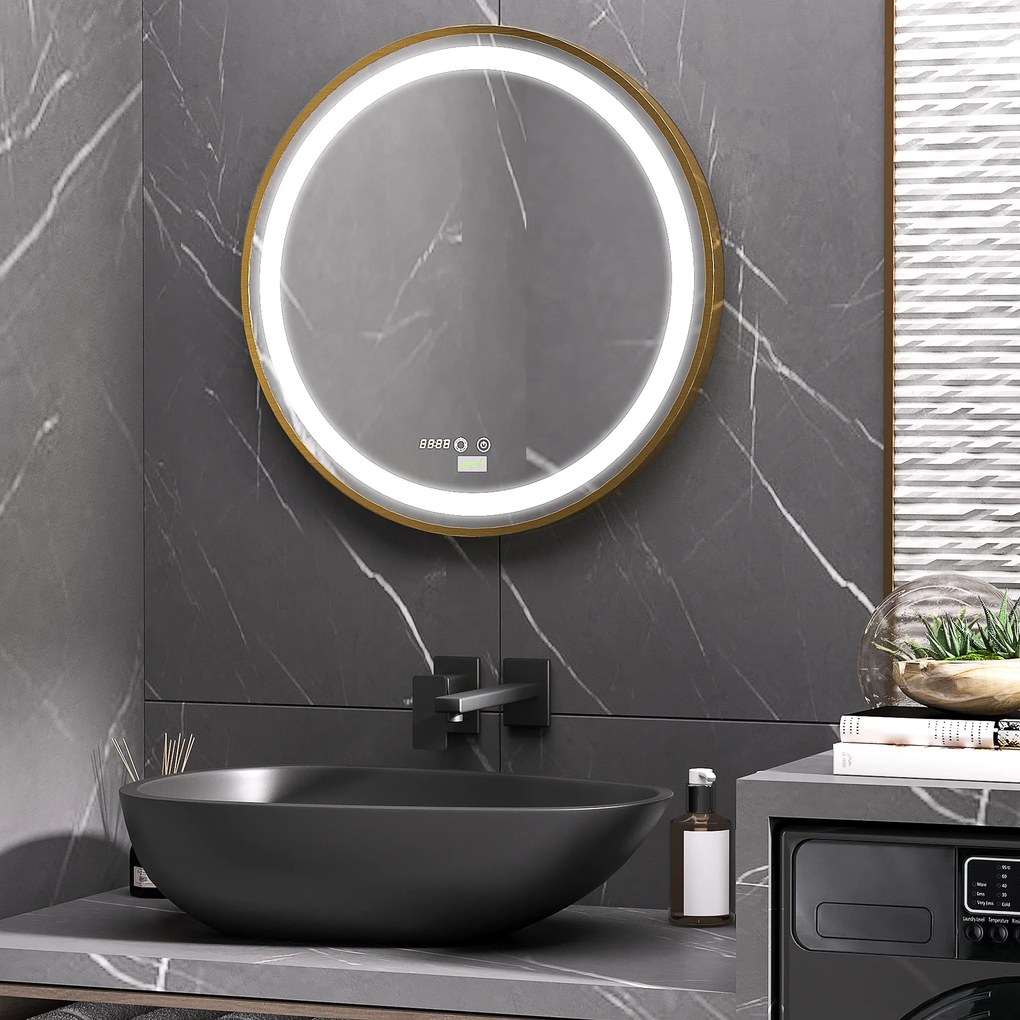 kleankin Oglindă de Baie Rotundă cu Lumină LED, Luminozitate Reglabilă și Întrerupătoare Touch, Ø60x4 cm, Auriu | Aosom Romania