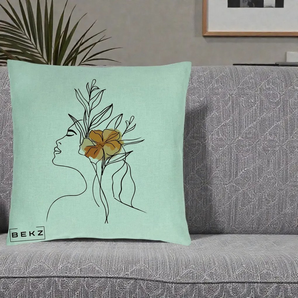 Perna Decorativa Portret Feminin Floare Portocalie Lateral, 40x40 cm, Verde Menta, Husa Detasabila, Perna Inclusa, BEKZ®