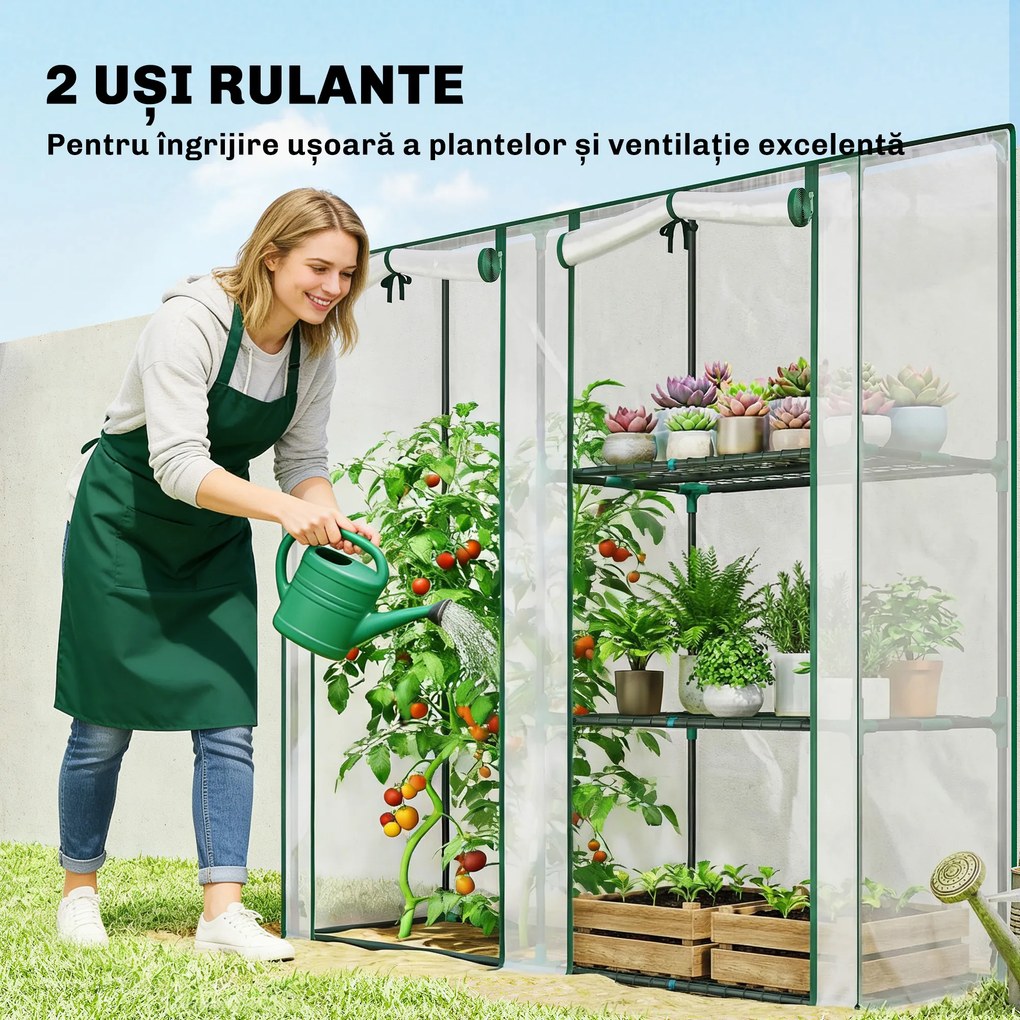 Outsunny Mini Seră cu 3 Rafturi, 2 Uși Rulabile, Seră pentru Grădină cu Cadru din Oțel și Acoperire din Plastic pentru Plante, Legume, Flori, Fructe, Anti UV, 143x45x151 cm, Transparentă | Aosom Romania