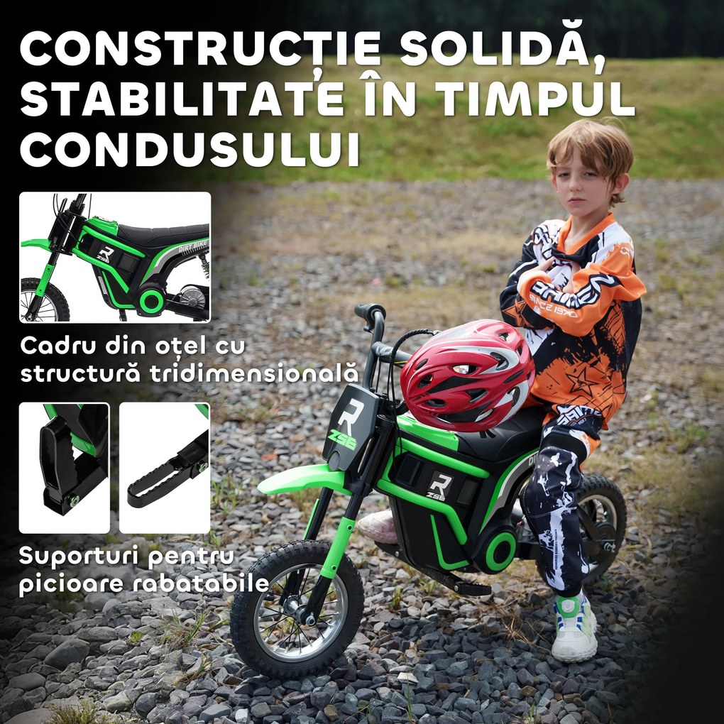 HOMCOM Motocicletă Electrică pentru Copii 8-12 Ani cu Accelerație Manuală și 2 Viteze, 119x64x76,5 cm, Verde | Aosom Romania
