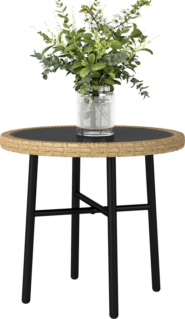 Outsunny Masă de Cafea Rotundă de Grădină, Masă Auxiliară Exterioară din Rășină Împletită și Blat din Sticlă Securizată, 46x46x43cm, Natural | Aosom Romania