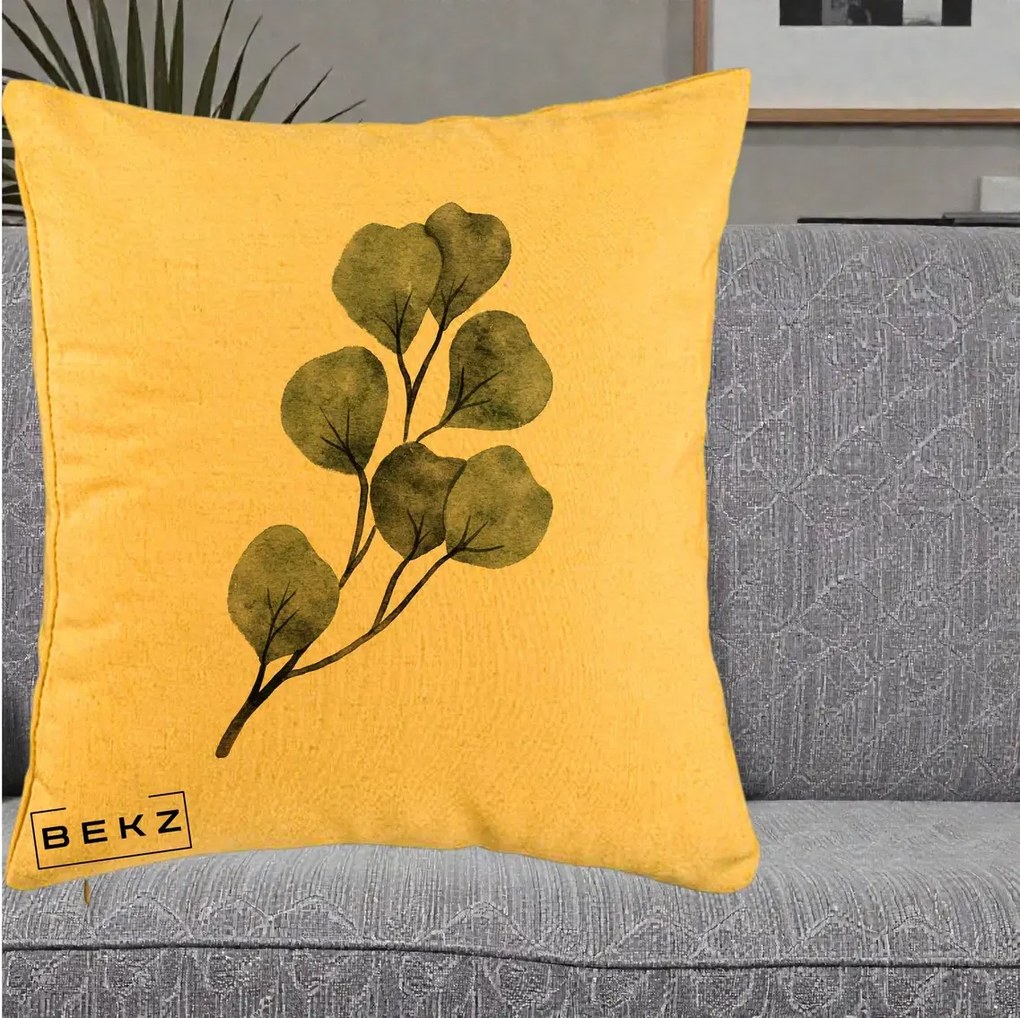 Perna Decorativa Ramura Eucalipt Acuarela, 40x40 cm, Galben, Husa Detasabila, Perna Inclusa, BEKZ®