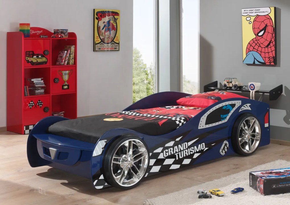 Set Cameră Auto pentru Copii: Pat GRAND TURISMO și Bibliotecă RACER, 2 Piese, Albastru/Roșu (MDF) – Vipack