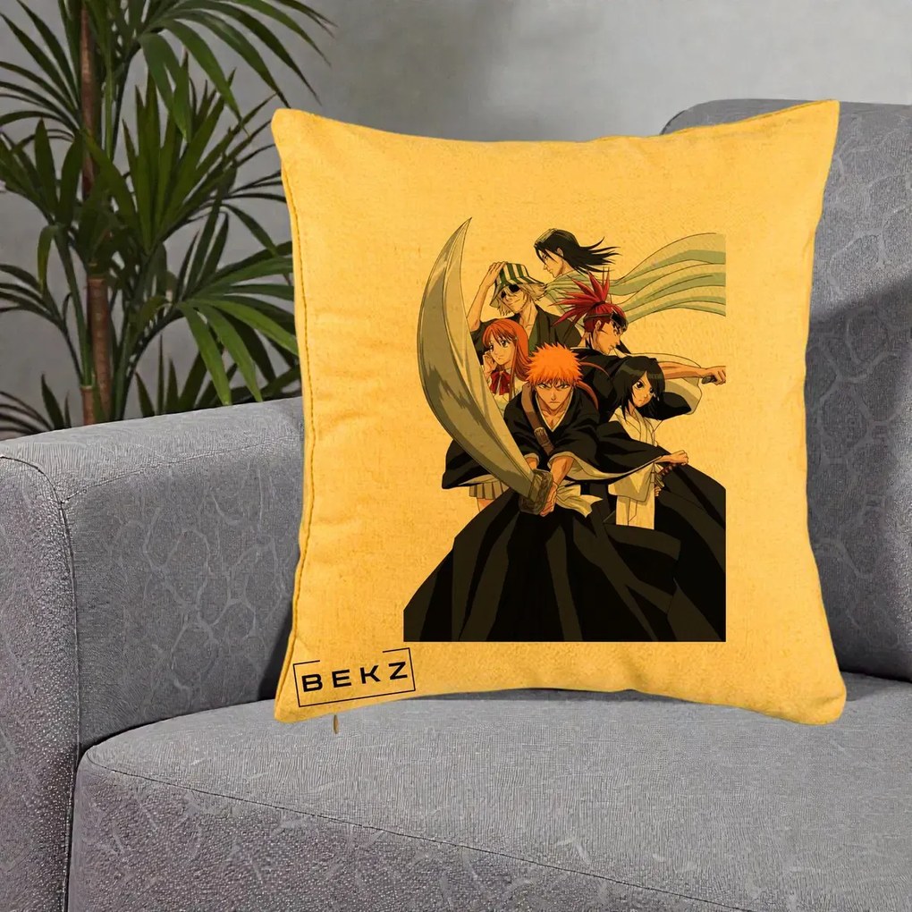 Perna Personalizata Bleach Grup Complet Ichigo si Prietenii, 40x40 cm, Galben, Husa Detasabila, Perna Inclusa, BEKZ®