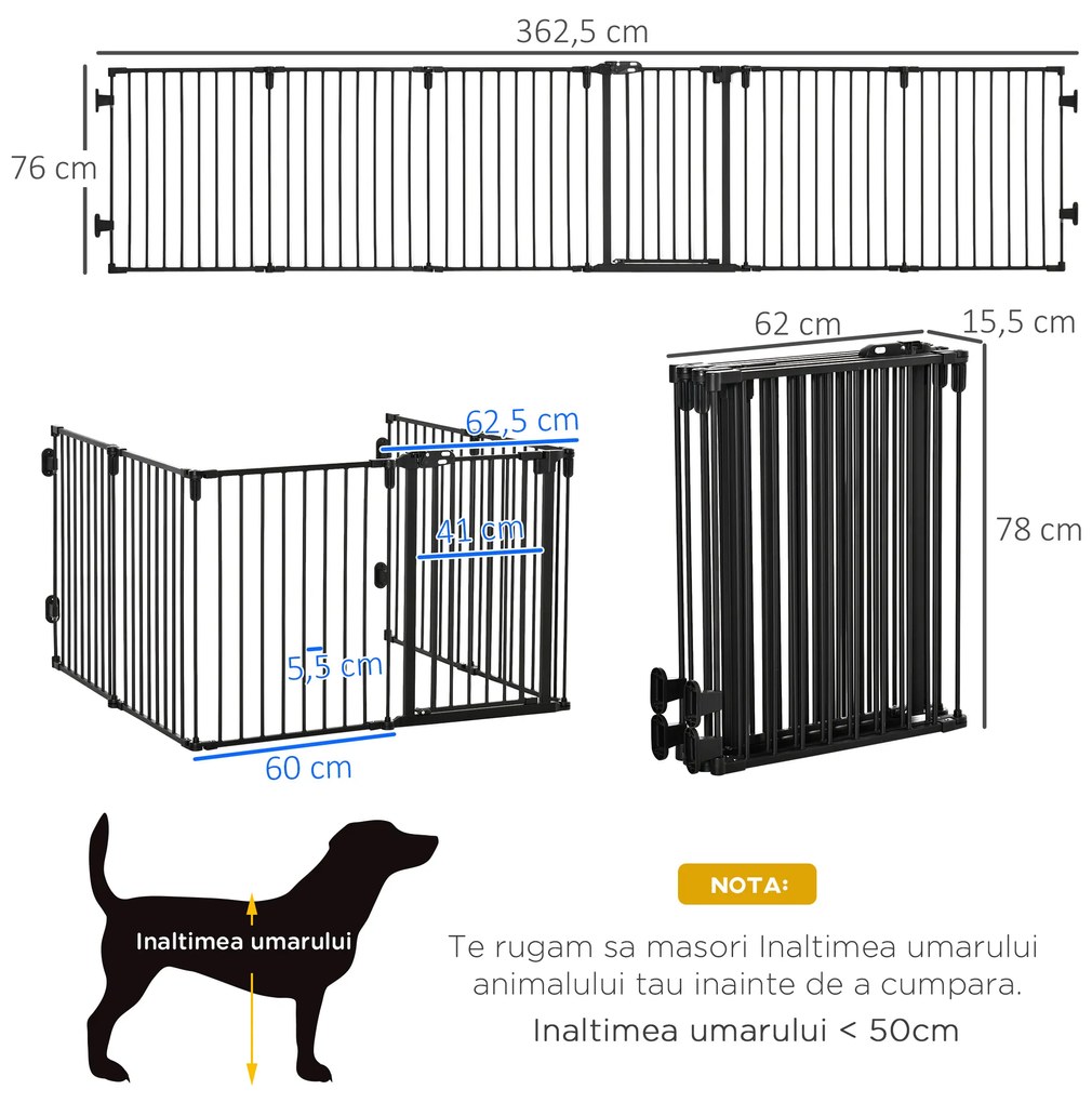 PawHut Poartă de Siguranță Pliabilă cu 6 Secțiuni pentru Câini cu Sistem Automat de Blocare și Închidere, 362,5x2x76 cm, Negru | Aosom Romania