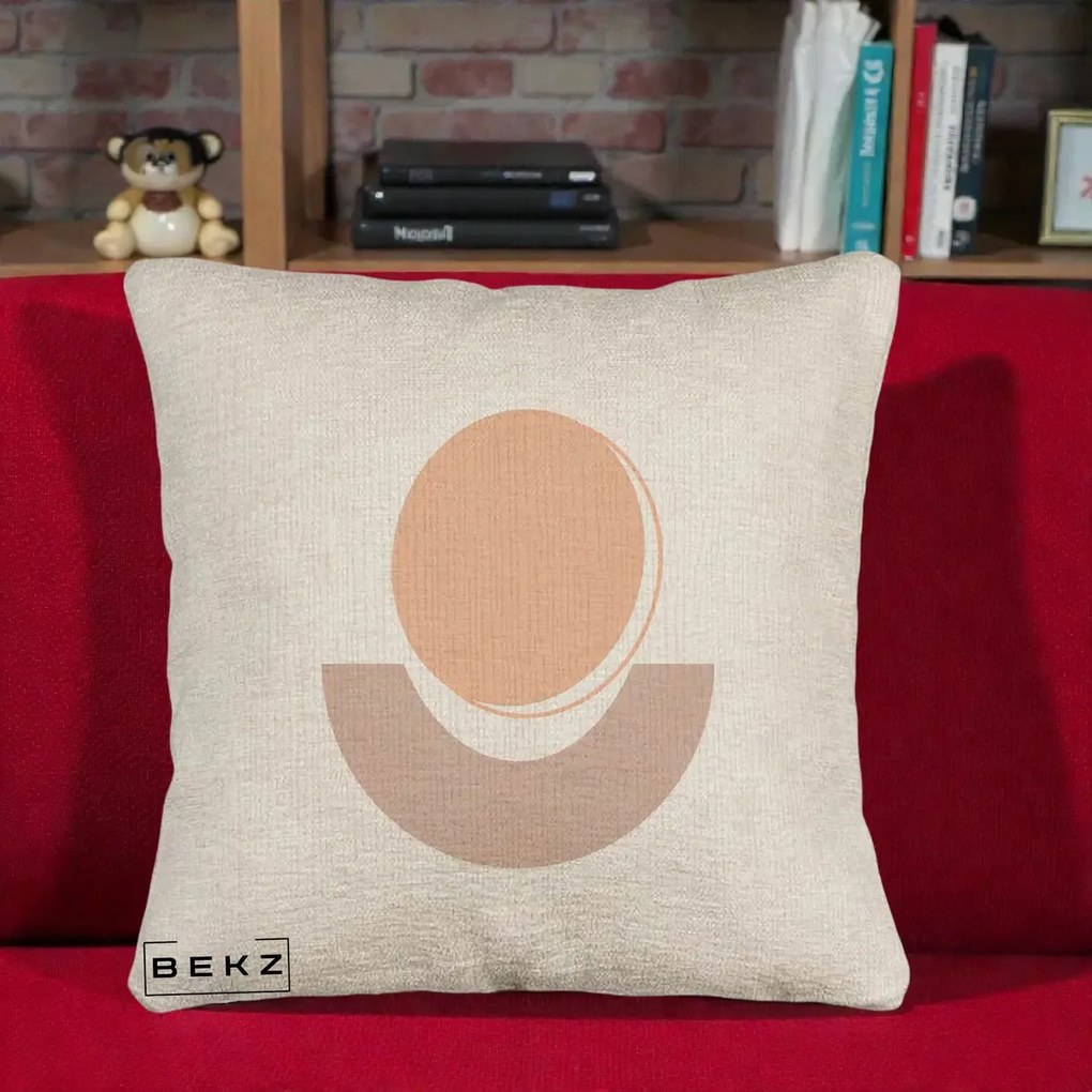 Perna Decorativa Geometric Boho Luna si Disc, 40x40 cm, Bej Canapea, Husa Detasabila, Perna Inclusa, BEKZ®