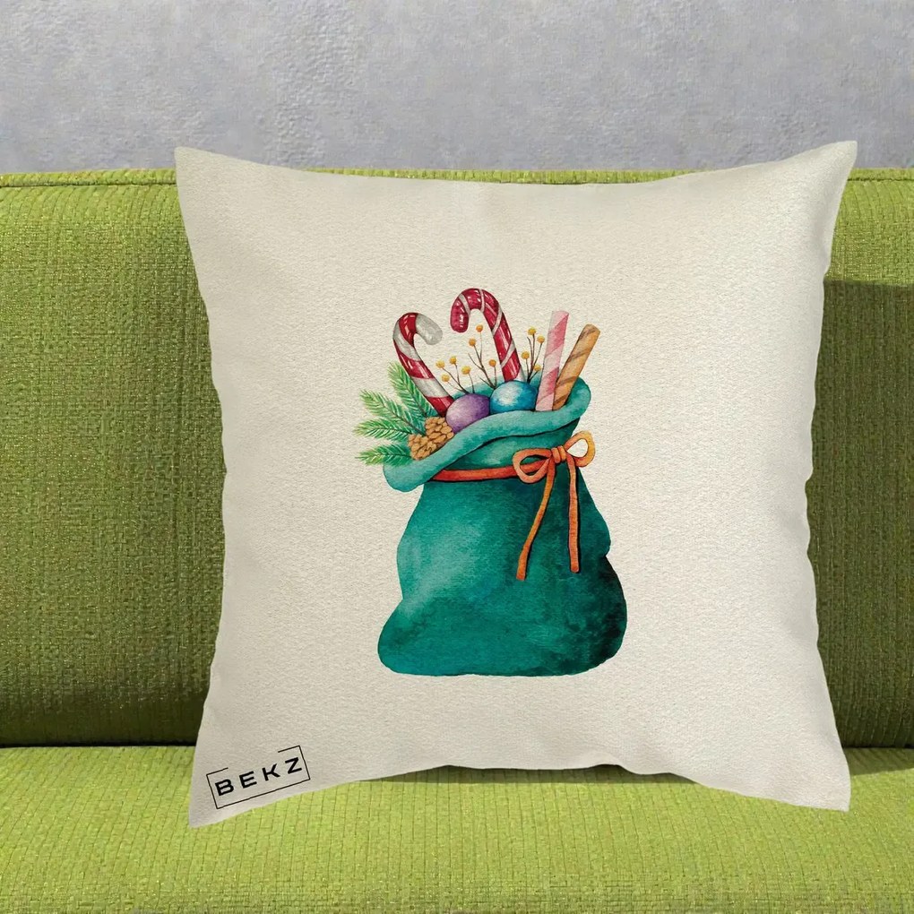 Perna Decorativa Saculet Cadouri Mos Craciun Acuarela Verde, 40x40 cm, Ecru, Husa Detasabila, Perna Inclusa, BEKZ®