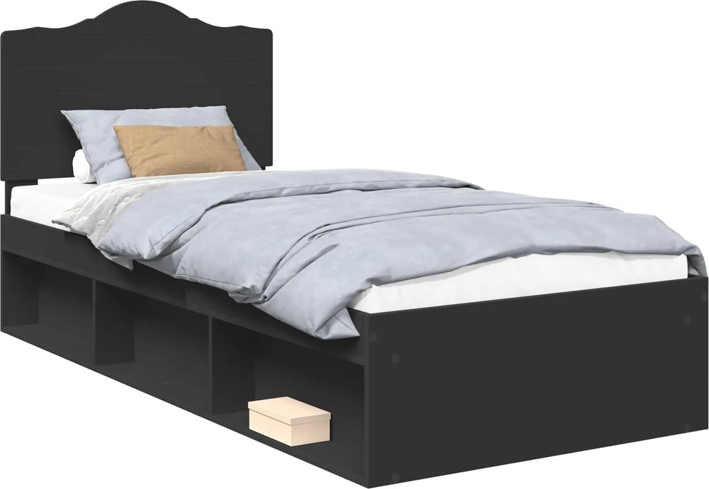 vidaXL Cadru de pat cu headboard Negru 90 x 200 cm Lemn de pin masiv