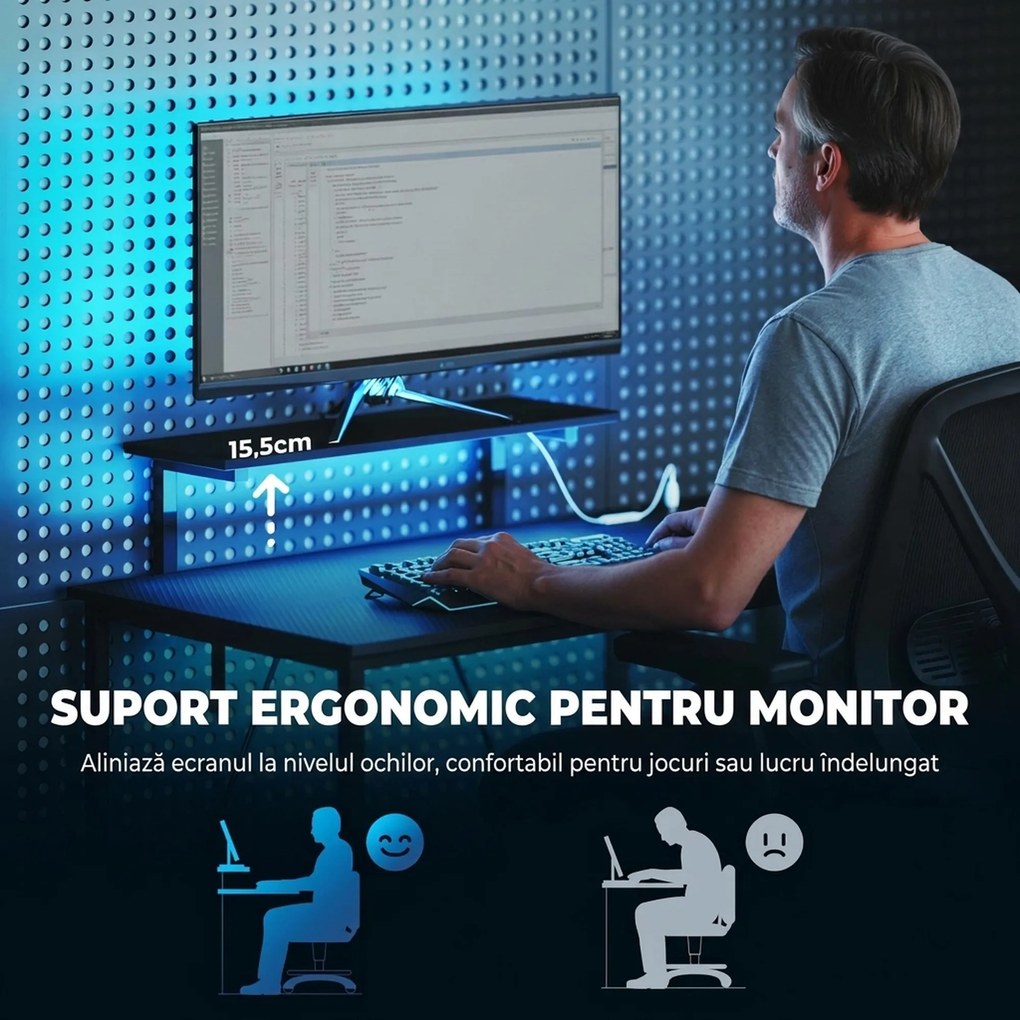 HOMCOM Birou Gaming Reversibil în L cu LED, 114,5x82 cm Birou Colțar cu Prize Electrice, Suport pentru Monitor și Rafturi Reglabile din Rețea, Stație Gaming pentru Acasă, Birou sau Studiu, Negru | Aosom Romania