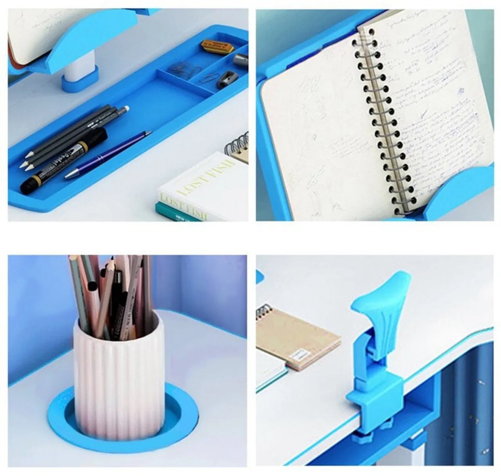 Birou copii din MDF cu lampa inclusa Novokids Premium desk, Dimensiuni 80X50X70, Cadru metalic, Albastru cu Alb