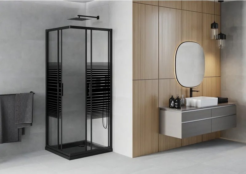 Mexen Rio cabina de duș pătrată 70 x 70 cm, dungi negre, negru + cadă Flat, negru - 860-070-070-70-20-4070B