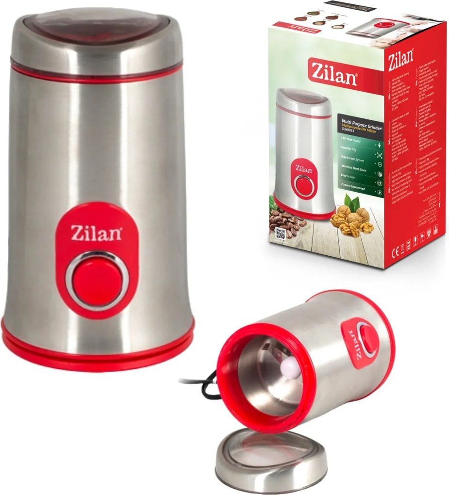 Rasnita cafea electrica, Zilan ZLN8012,Argintiu Rosu 150 W, inox, cutite macinare otel inoxidabil