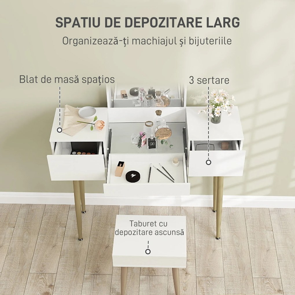 HOMCOM Toaletă cu Oglinză, Taburet, 3 Sertare, Sticlă Temperată, Metal, Lemn Ash. | Aosom Romania