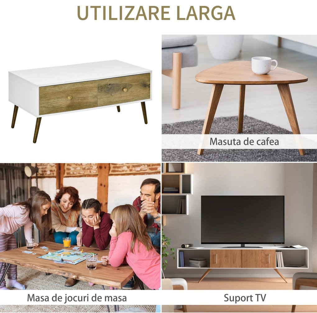 Masuta de Salon in Stil Nordic, Masuta Joasa din Lemn cu 4 Sertare, Dulapior pentru Sufragerie, Alb si Lemn 100x53,5x45cm HOMCOM | Aosom RO