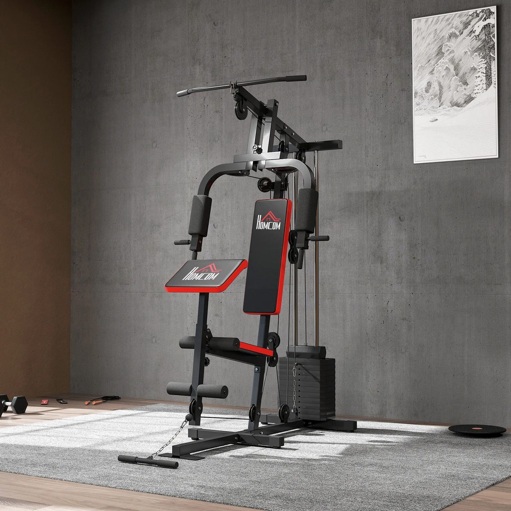 HOMCOM Power Tower Stație Fitness Greutăți 65kg, 135x103x210cm, Negru Roșu | Aosom Romania