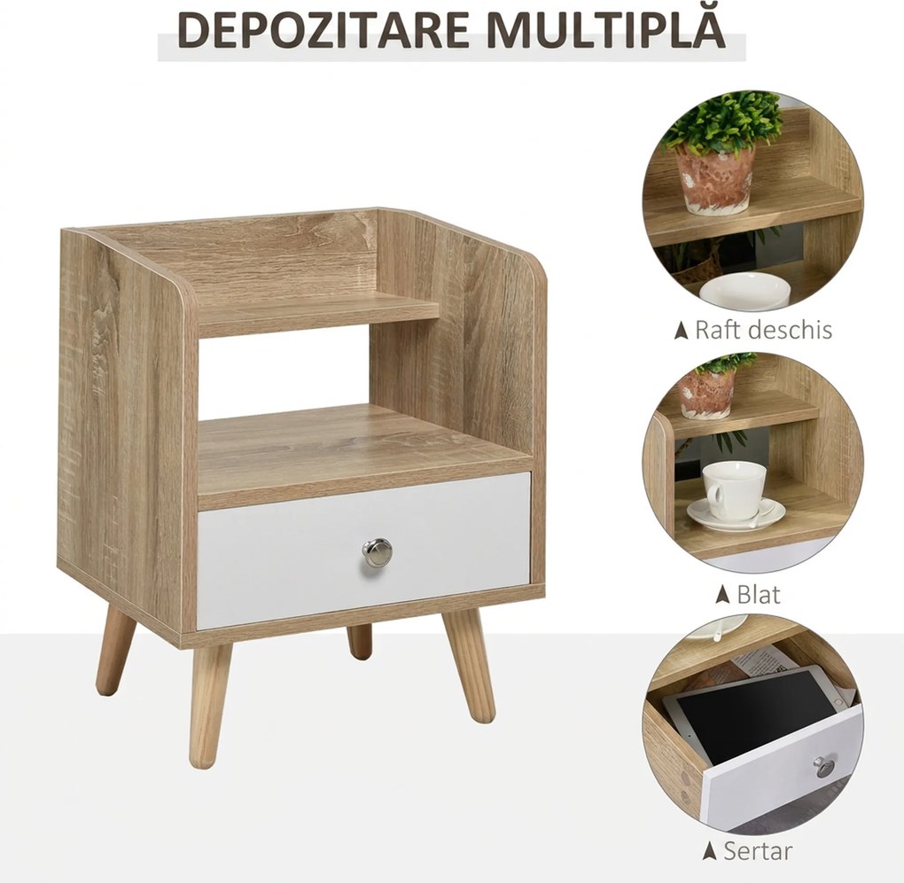 HOMCOM Noptieră cu Sertar și Raft, Mobilier Compact pentru Dormitor sau Sufragerie, Economie Spațiu, Lemn, Alb | Aosom Romania