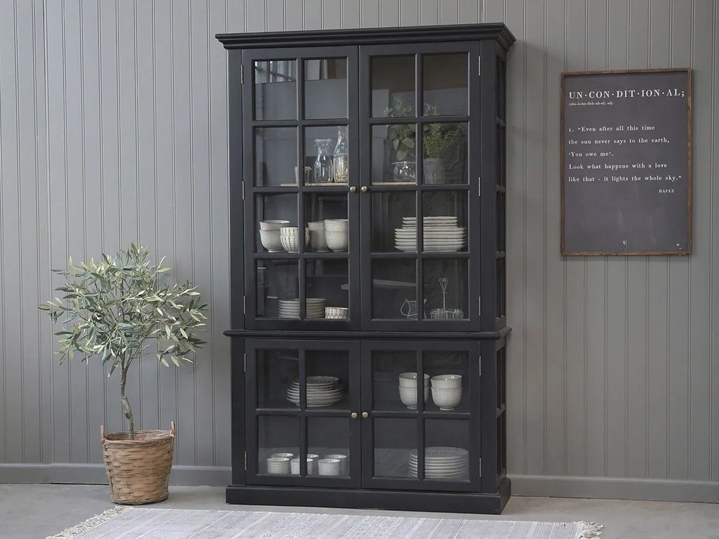 Vitrina din lemn masiv, negru, cu 4 usi, aspect rustic, Marseille