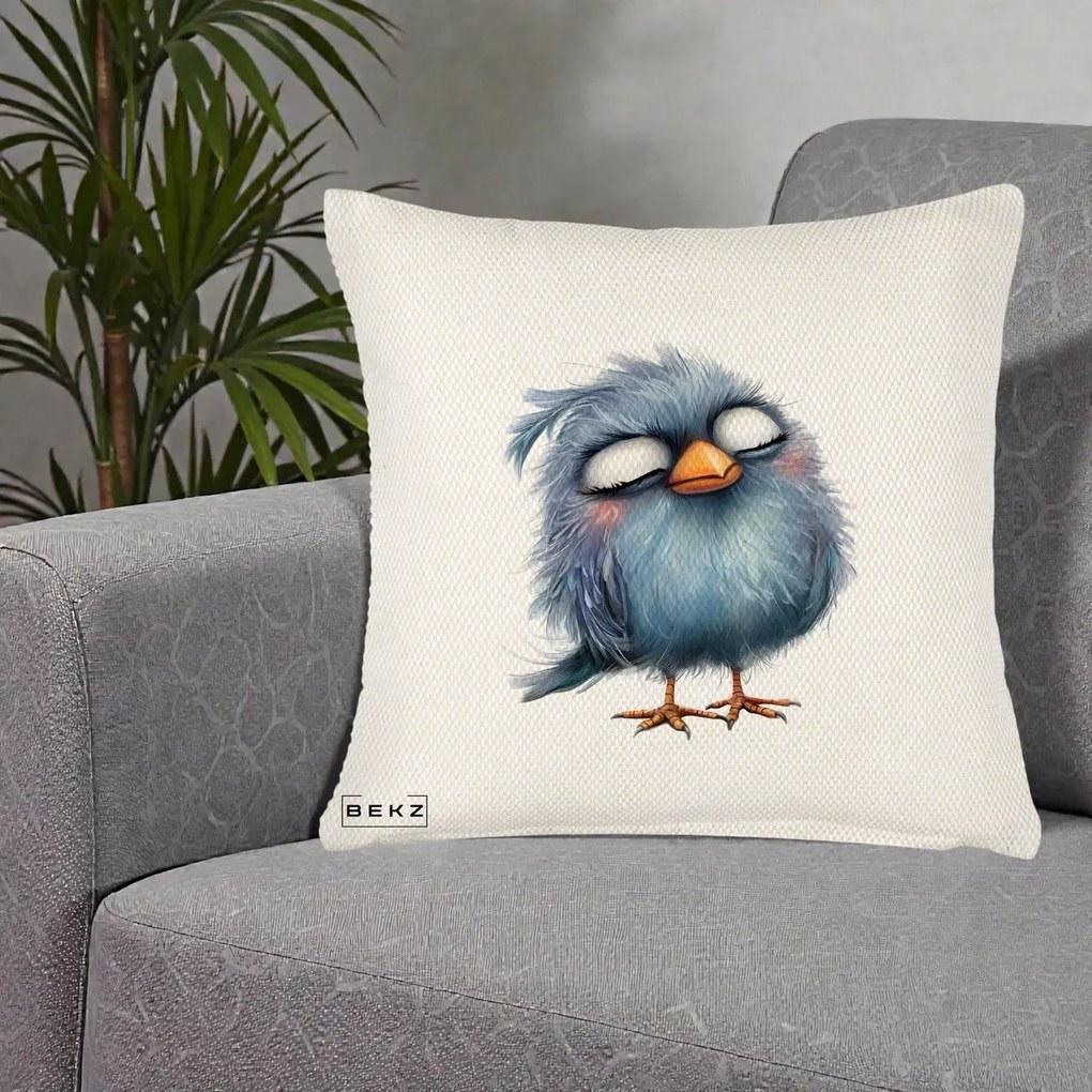 Perna Decorativa Pui Pufos Albastru Adormit, 40x40 cm, Crem Reliefat, Husa Detasabila, Perna Inclusa, BEKZ®