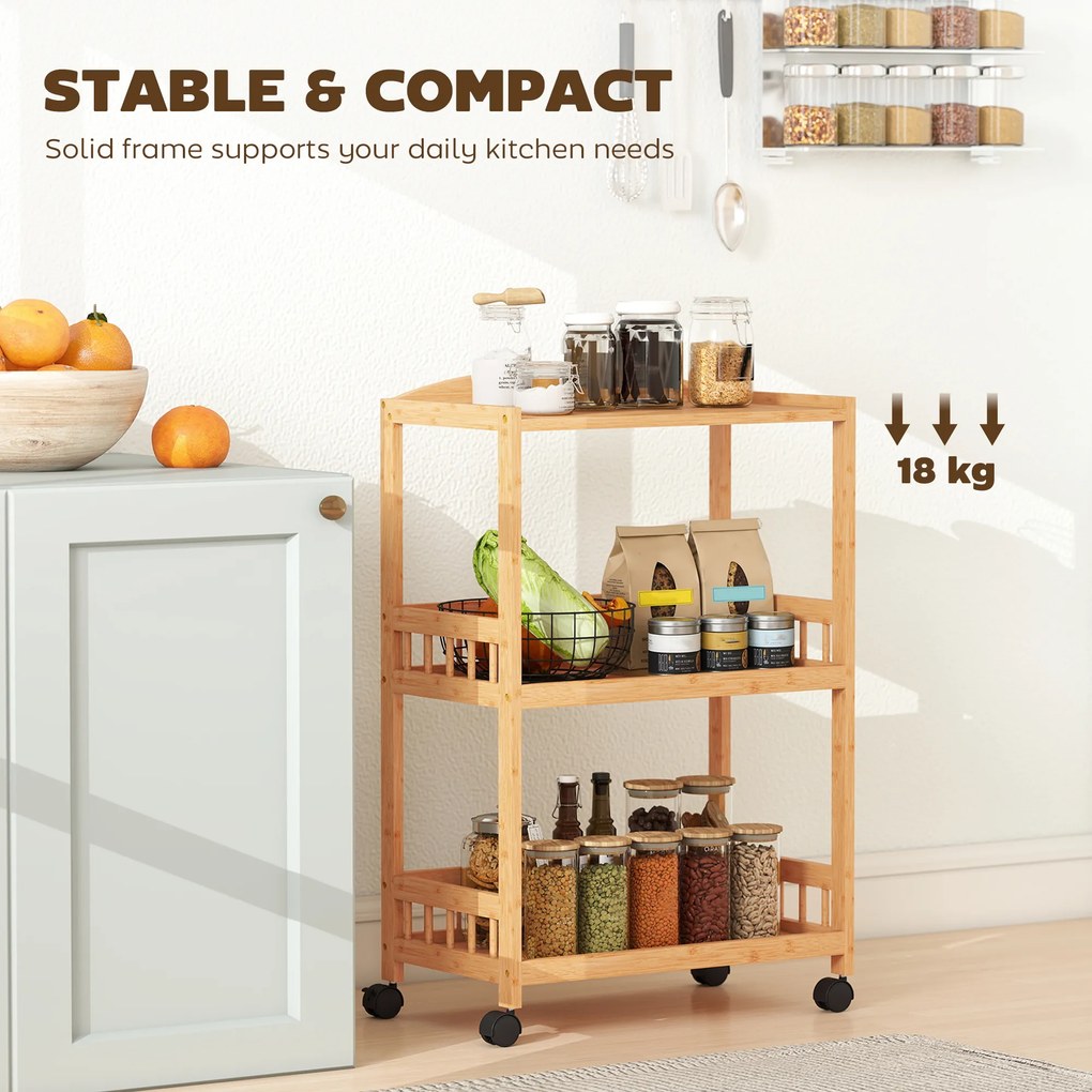 HOMCOM Cărucior de bucătărie cu 3 nivele, căruț de servire cu spațiu de depozitare, raft de bucătărie pe roți, pentru bucătărie baie birou lemn natural | Aosom Romania