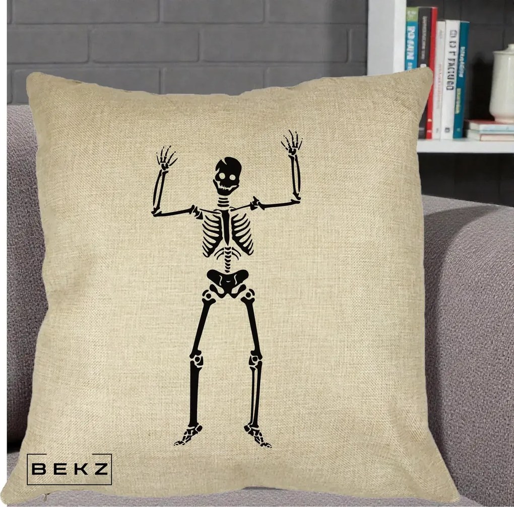 Perna Decorativa Halloween Schelet Dansator, 40x40 cm, Crem, Husa Detasabila, Perna Inclusa, BEKZ®