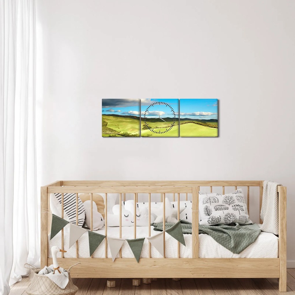 Tablou - Peisaj verde cu dealuri (cu ceas) (90x30 cm)