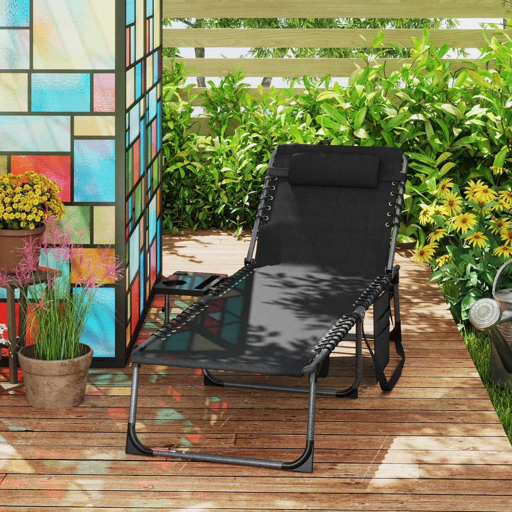 Outsunny Șezlong Pliant cu Spătar Reglabil Tetieră Buzunar Lateral Tavă și Structură din Oțel 190x60x31 cm Negru | Aosom Romania