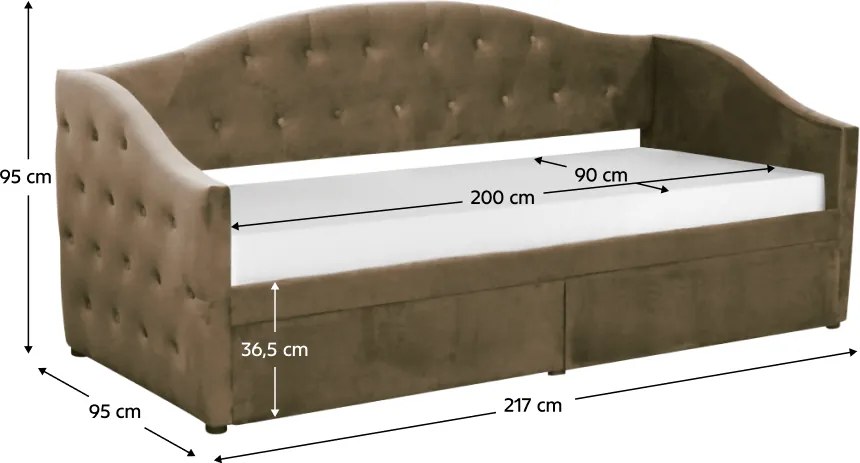 Pat cu spaţiu de depozitare, 90x200, ţesătură Velvet maro, ZASKA