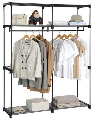 Dulap textil pentru depozitare MATIS, 140 x 174 cm, gri, cu rafturi și bară pentru umerașe