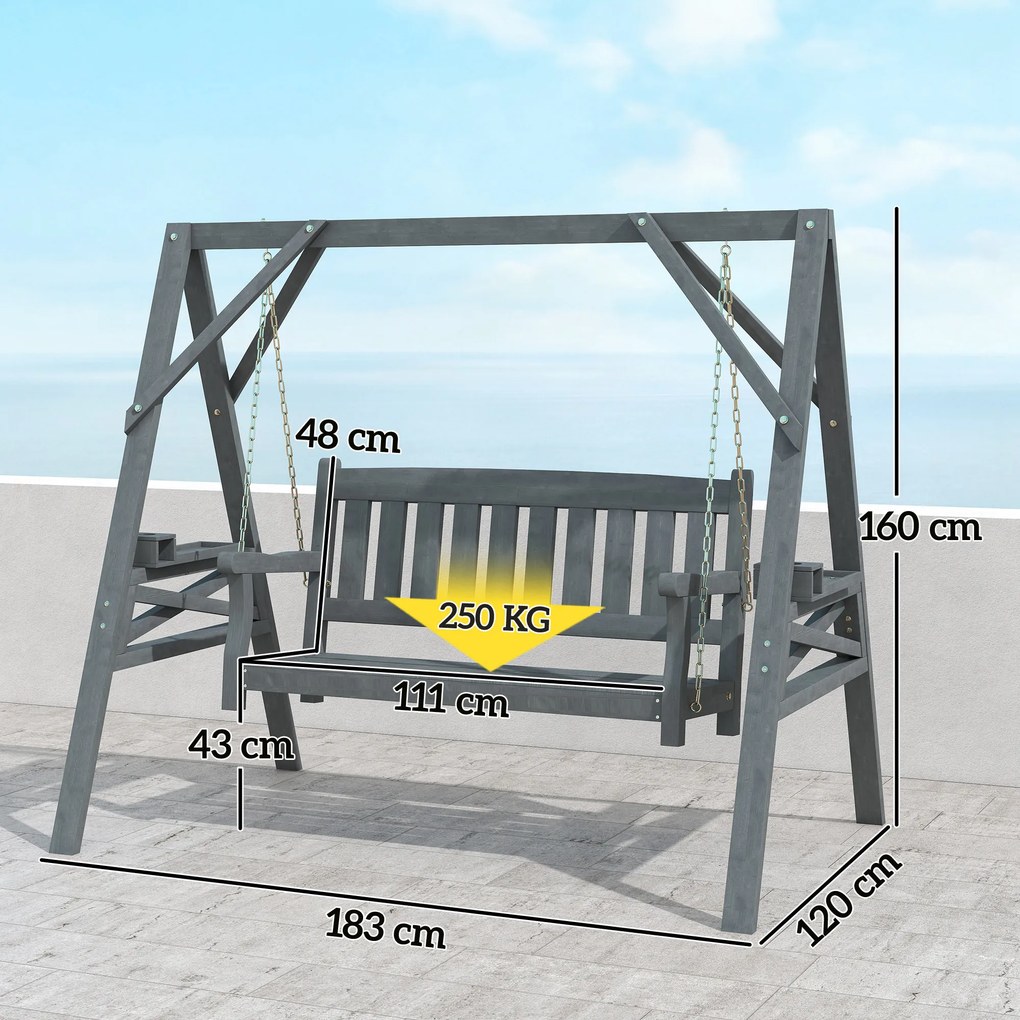 Outsunny Leagăn de grădină pentru 2 persoane, bancă-leagăn din lemn cu polițe, suport pentru băuturi și lanțuri metalice, Gri | Aosom Romania