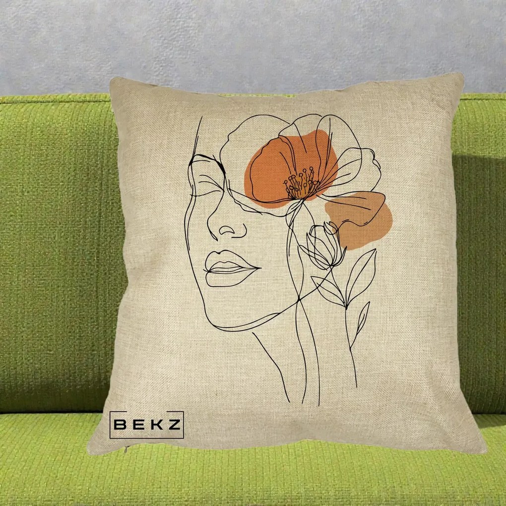 Perna Decorativa Portret Feminin Mac Profilat, 40x40 cm, Crem, Husa Detasabila, Perna Inclusa, BEKZ®