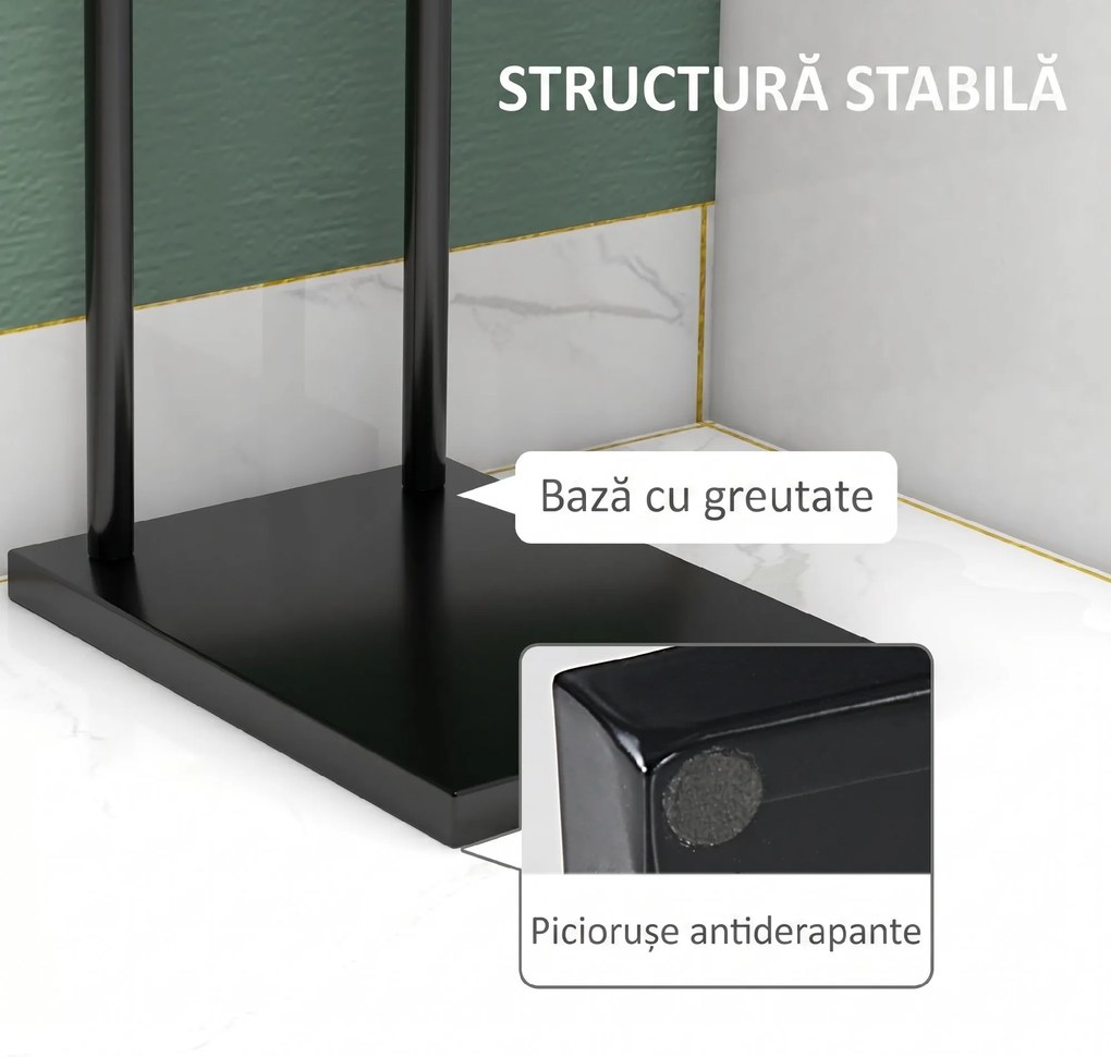 HOMCOM Suport Prosoape cu 2 Brațe, Suport Baie din Metal, 35,5x20x78 cm, Negru | Aosom Romania