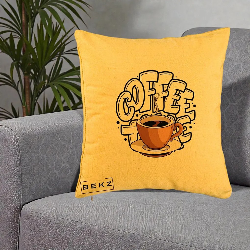 Perna Personalizata COFFEE cu Cana, 40x40 cm, Galben, Husa Detasabila, Perna Inclusa, BEKZ®