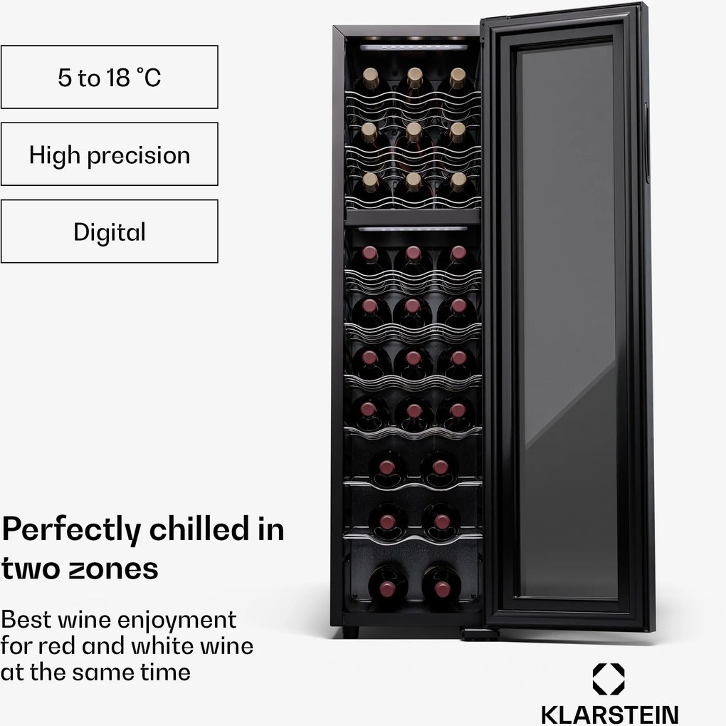 Klarstein Shiraz 27 Duo, frigider pentru vin, 2 zone, 83 l / 27 sticle, 5-18 / 5-18 °C, control tactil