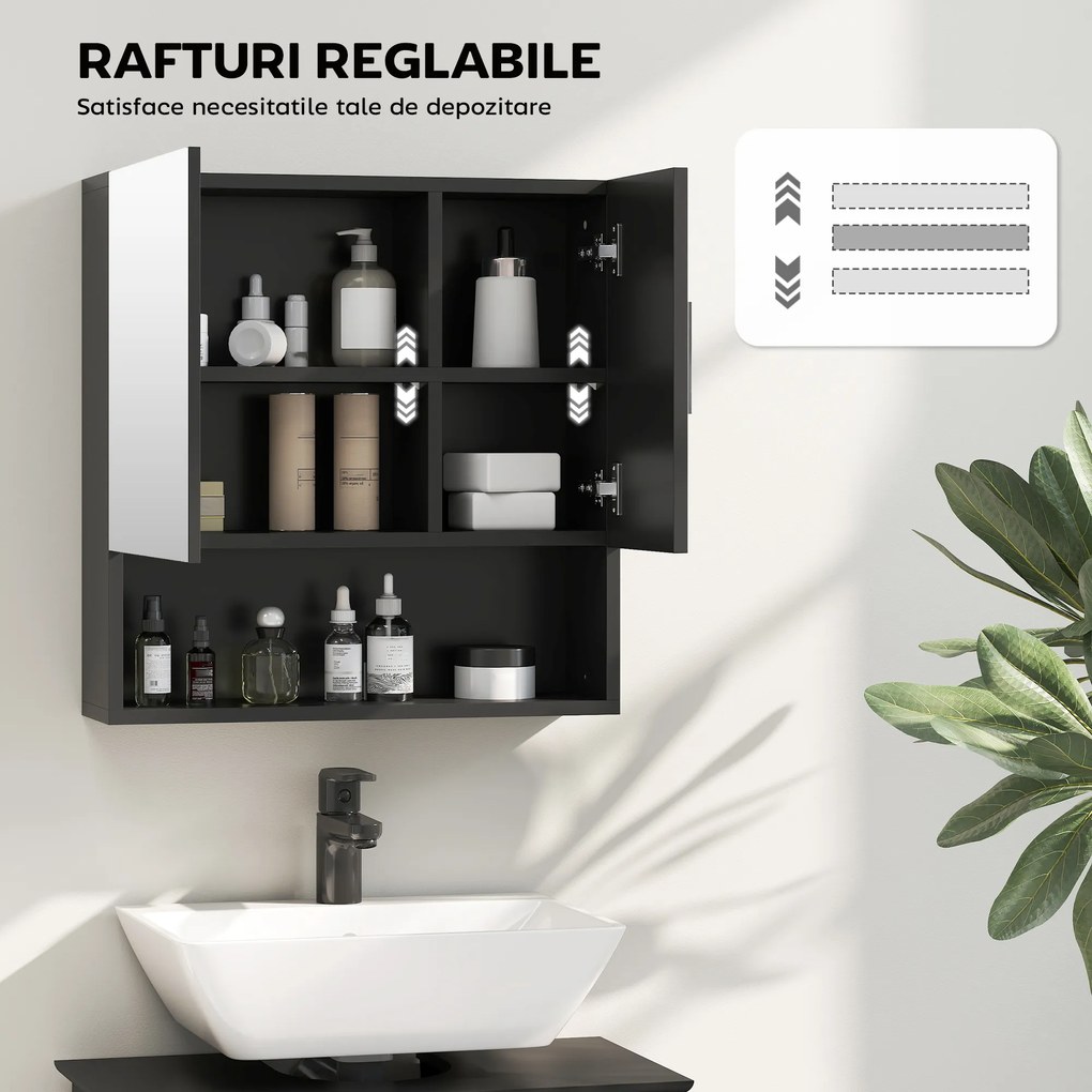 kleankin Dulap cu Oglindă pentru Baie 2 Uși și Raft Deschis 54x15.2x55.3 cm Negru | Aosom Romania