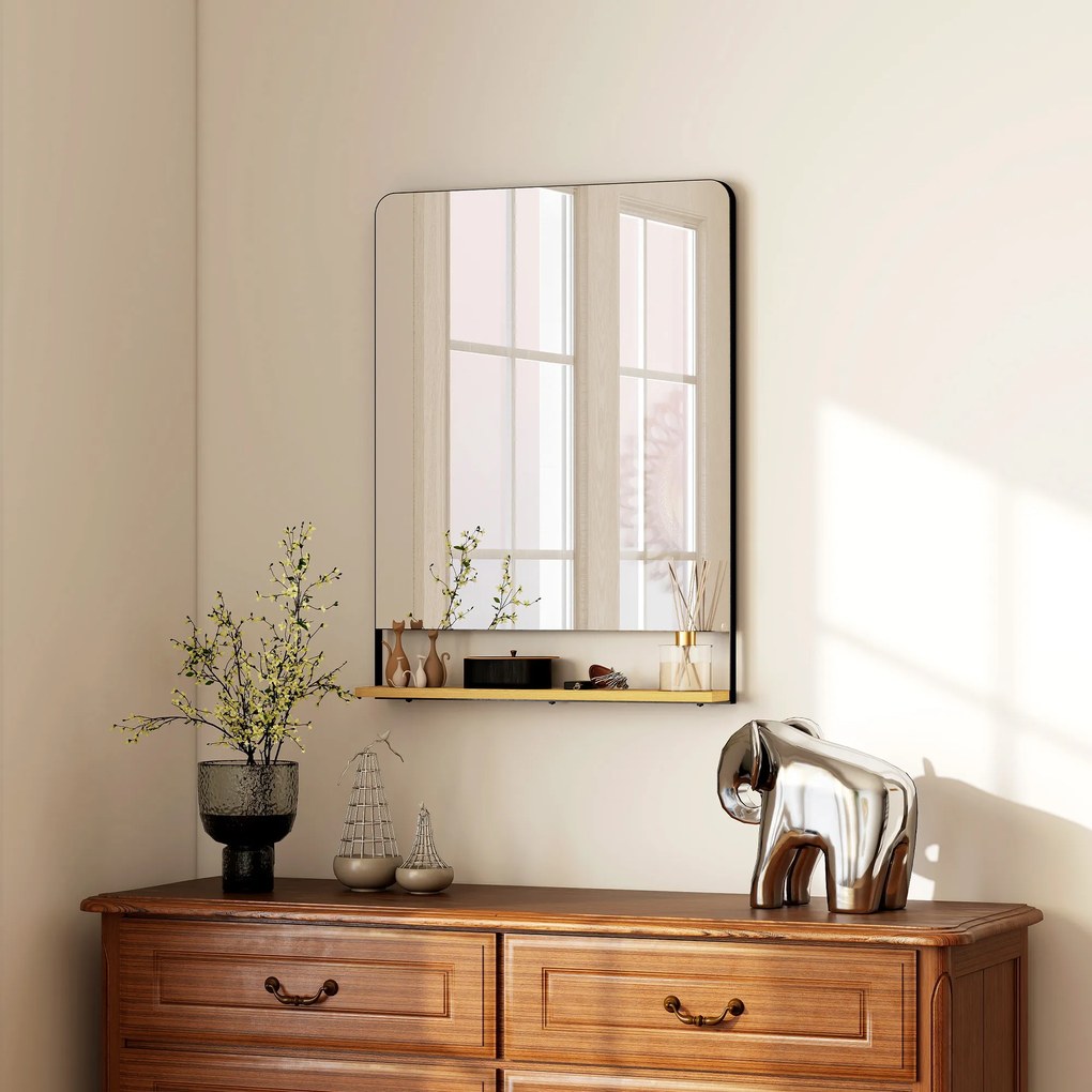 HOMCOM Oglindă de perete 80 x 60 cm cu raft din lemn, oglindă dreptunghiulară modernă cu ramă metalică, negru | Aosom Romania