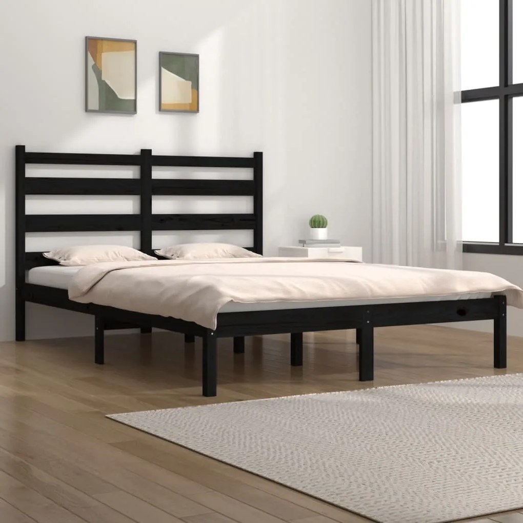 3103627 vidaXL Cadru de pat dublu, negru, 135x190 cm, lemn masiv de pin