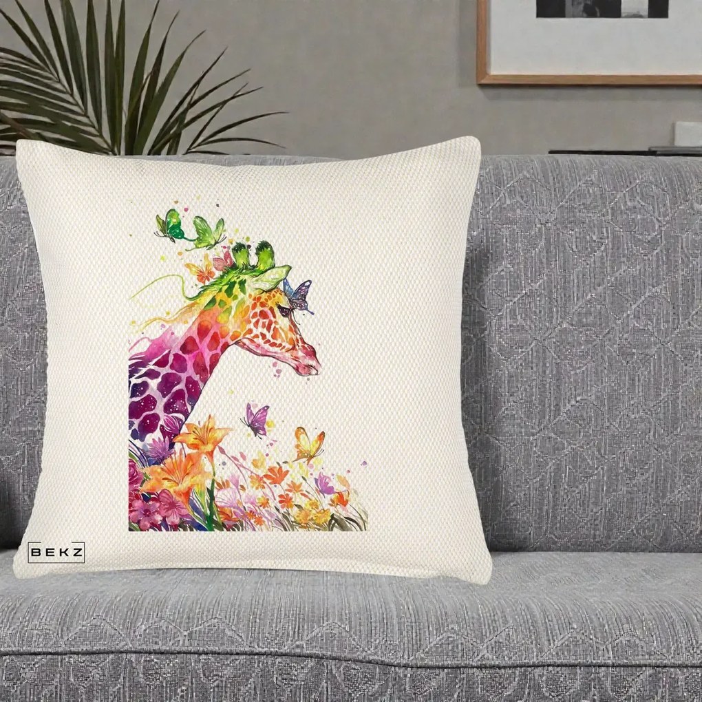 Perna Decorativa Girafa Curcubeu Acuarela, 40x40 cm, Crem Reliefat, Husa Detasabila, Perna Inclusa, BEKZ®