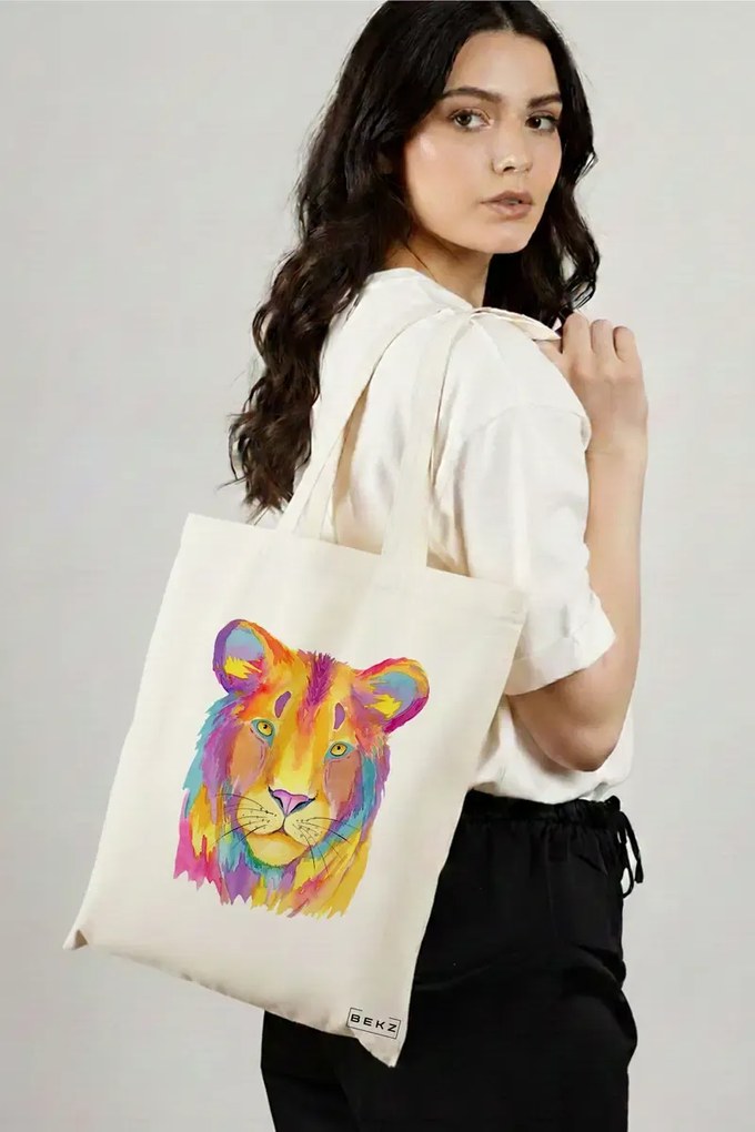 Sacosa de Panza pentru Cumparaturi, Geanta Tote, model Watercolor Lion, 38x34.5 cm, Alba, BEKZ®