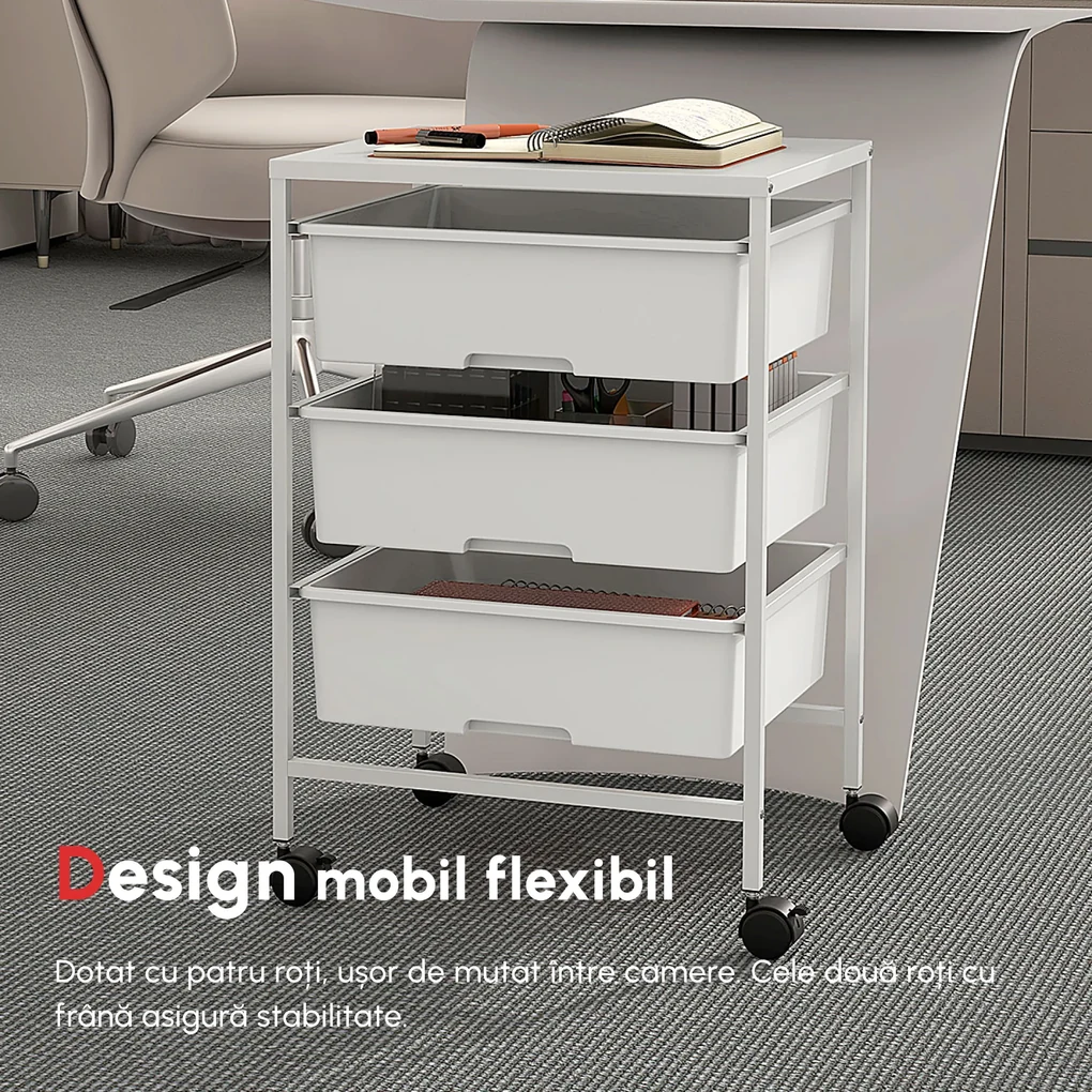 HOMCOM Cărucior Multifuncțional cu 3 Coșuri și Roți, Cărucior pentru Bucătărie și Birou din Oțel și Plastic, 40.8x33.5x60.5 cm, Alb | Aosom Romania