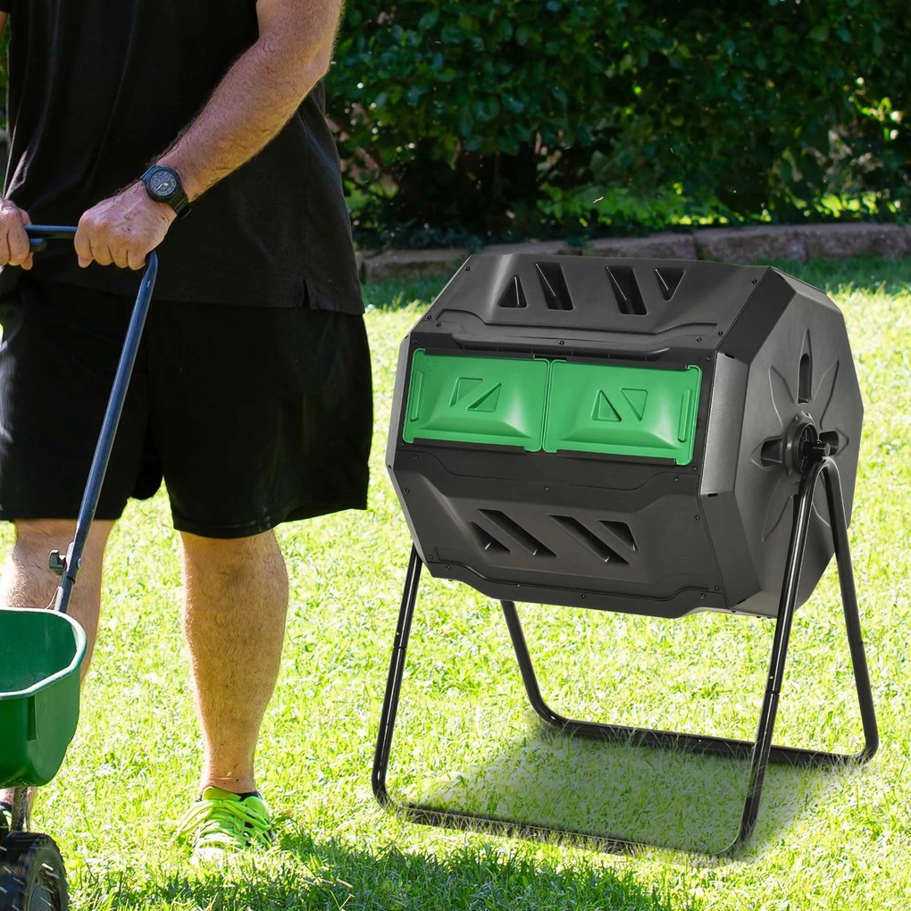 Outsunny Compostor Rotativ cu 2 Secțiuni și 8 Prize de Aerisire din Oțel și PP, 160L, 71x65x96 cm, Gri | Aosom Romania