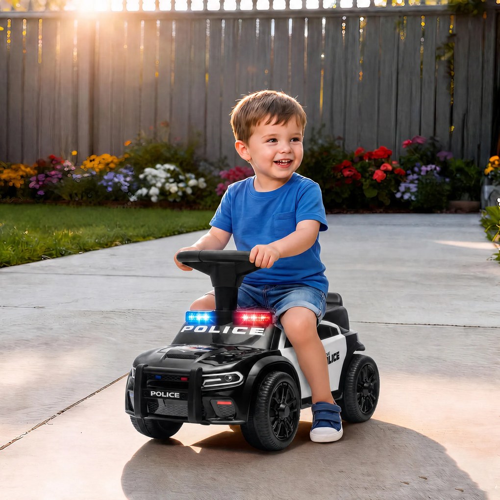 AIYAPLAY Mașinuță Ride-on Copii 18-36 Luni, Model Poliție, Muzică, Spațiu Sub Scaun, Negru | Aosom Romania